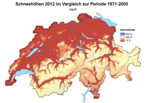 Abb. 3: Schneehöhen im Vergleich zum langjährigen Mittel (1971-2000) im März 2012 (oben) und im April 2012 (unten).