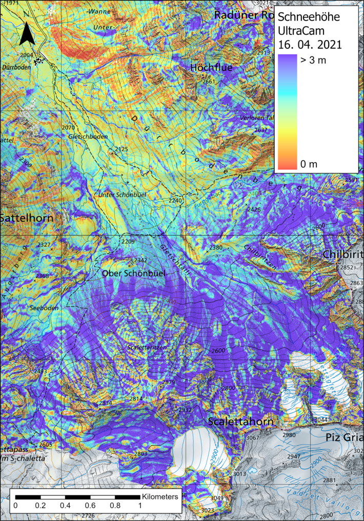 ... and in the significantly snowier year 2021 (Graphic: Yves Bühler / SLF)