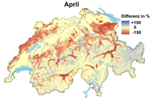 Abb. 5 und Abb. 6: Schneehöhen im Vergleich zum langjährigen Mittel im März (oben) und im April (unten).