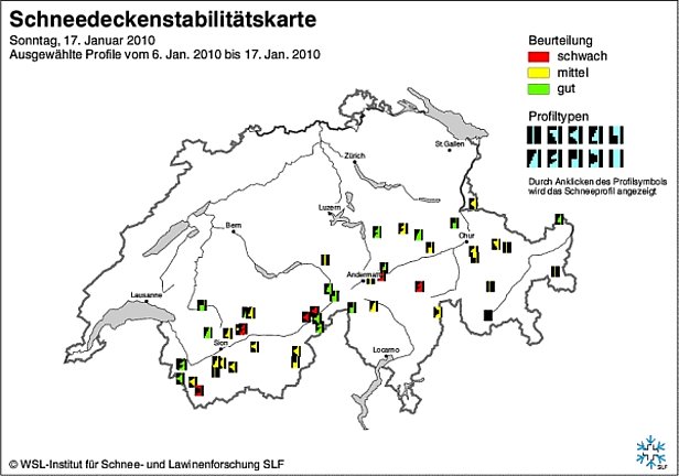 Abb. 12 und Abb. 13: Schneedeckenstabilitätskarten von Anfang (oben) und Mitte (unten) Januar 2010.