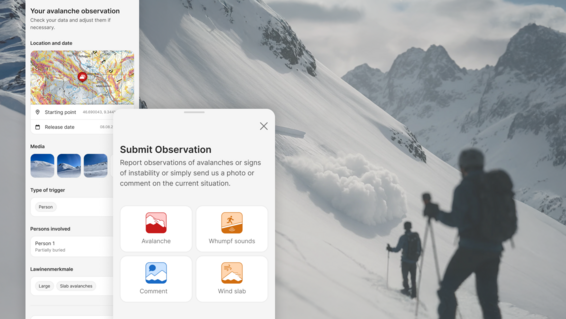 Two people with ski poles are hiking on a snow-covered mountain trail. One person is blurred in the foreground, while the other is sharply visible further away. Snow-covered mountains and a cloudy sky are in the background. On the left side of the image, semi-transparent user interface elements are overlaid, showing maps, text fields, and icons related to avalanche observation and reporting avalanches, booming sounds, comments, and wind-drifted snow.