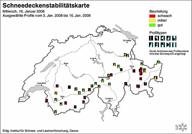 Abb. 15 und Abb. 16: Schneedeckenstabilitätskarten von Anfang (oben) und Mitte (unten) Januar 2008.