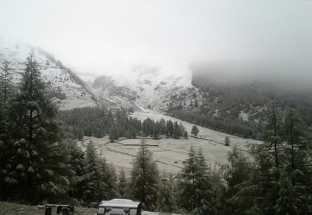 Abb. 4: Am Freitag, 11.8. fiel lokal etwas Schnee bis auf 1800 m hinunter, wie z.B. hier in Saas Fee, VS. Weiter oben kam deutlich mehr Schnee zusammen, siehe Abbildung 1 und Bildgalerie (Foto: P. Schneiter, 11.08.2017).