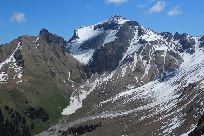 Abb. 1: Grosse Nassschneelawine an der Nordwestflanke des Gsür (BE, 2707 m). Mit dem Anriss auf rund 2500 m und der Ablagerung auf rund 1800 m wurde die Lawine 1.6 km lang. Sie löste sich am 18. Mai nachmittags spontan. Die Aufnahme ist vom 26.05.2017 (Foto: U. Ryter).