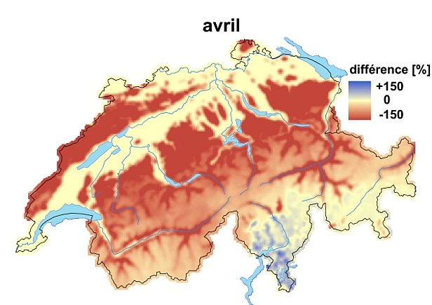 Figures 5 et 6: Hauteurs de neige comparées aux moyennes pluriannuelles en mars (en haut) et en avril 2010 (en bas).