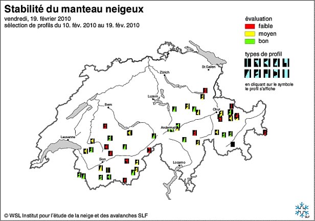 Figures 14 et 15: Cartes de stabilité du manteau neigeux de début février (en haut) et mi-février 2010 (en bas).