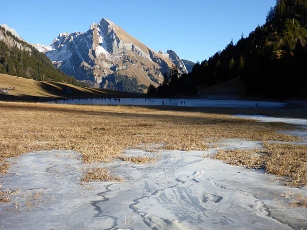 Abb. 3: Viele Seen waren schwarzgefroren und boten ideale Bedingungen zum Schlittschuhlaufen. Eine solche Natureisbahn mit einer einmaligen Aussicht auf den Wildhuser Schafberg (2373 m) bot der schwarz gefrorene Gräppelensee (1307 m) oberhalb von Unterwasser (SG; Foto: P. Diener, 01.01.2017).