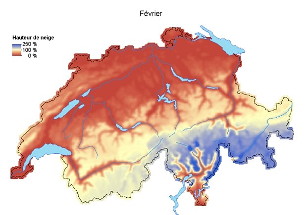 Figure 4: Hauteurs de neige comparées aux moyennes pluriannuelles (1971-2000) en janvier 2014 (en haut) et en février 2014 (en bas).