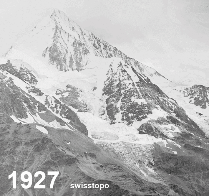 Snow-covered mountain in 1927 and, in comparison, the same mountain without snow and glaciers, rocky and barren in 2025.