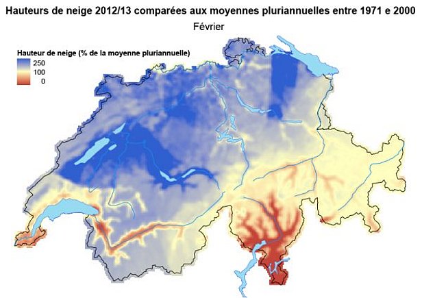 Figure 2: Hauteurs de neige comparées aux moyennes pluriannuelles (1971-2000) en janvier 2013 (en haut) et en février 2013 (en bas).