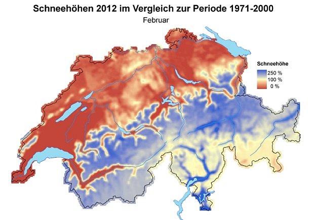 Abb. 2: Schneehöhen im Vergleich zum langjährigen Mittel (1971-2000) im Januar 2012 (oben) und im Februar 2012 (unten).
