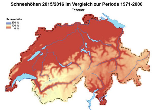 Abb. 9: Schneehöhen im Vergleich zum langjährigen Mittel (1971-2000) im Januar 2016 (oben) und im Februar 2016 (unten). 