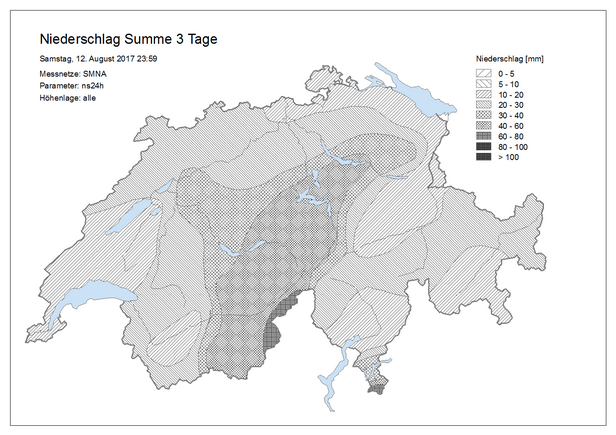 Abb. 5: Niederschlagssumme von Donnerstag, 10.8. bis Samstag, 12.8,. gemessen an den automatischen Stationen von MeteoSchweiz und SLF. Oberhalb von rund 2800 m fiel der gesamte Niederschlag als Schnee, und im Hochgebirge können die mm Regen als cm Schnee interpretiert werden.