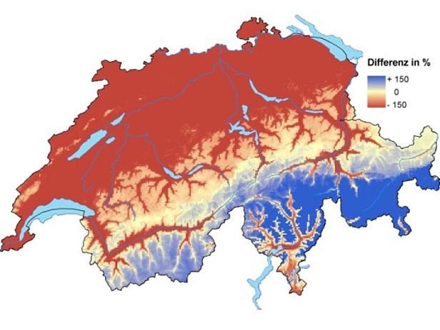 Abb. 4: Schneehöhe in der Schweiz im Winter 2000/01 im Vergleich zum langjährigen Durchschnitt der Periode von 1971 bis 2000. Auffallend ist die relative Schneearmut in tiefen Lagen (Täler) und im Norden, rot dargestellt. Gelb dargestellt sind die Regionen, in denen etwa gleich viel Schnee lag wie im Vergleichszeitraum. Südlich angrenzend lag mehr Schnee auf den Bergen als im Durchschnitt (Ausnahme Simplongebiet). Besonders in den Tessiner Bergen, im südlichen Mittelbünden im Oberengadin und in den Bündner Südtälern (mit Ausnahme der Talböden) lag deutlich mehr Schnee als normal.