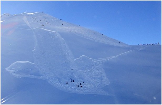 Abb. 26: Ein kurzer, spontaner Abstecher neben die Piste endete für einen Skifahrer am 27.12.2013 mit einer Lawinenauslösung und Verschüttung. Im unteren Bereich des Hanges wurden zwei weitere Schneebrettlawinen sekundär ausgelöst. Der Skifahrer hatte viel Glück: Nach 80 Minuten Verschüttungszeit konnte er aus 120 cm Tiefe lebend befreit werden. Er trug keine Notfallausrüstung bei sich  (Foto: REGA / M. Adank, 27.12.2013).