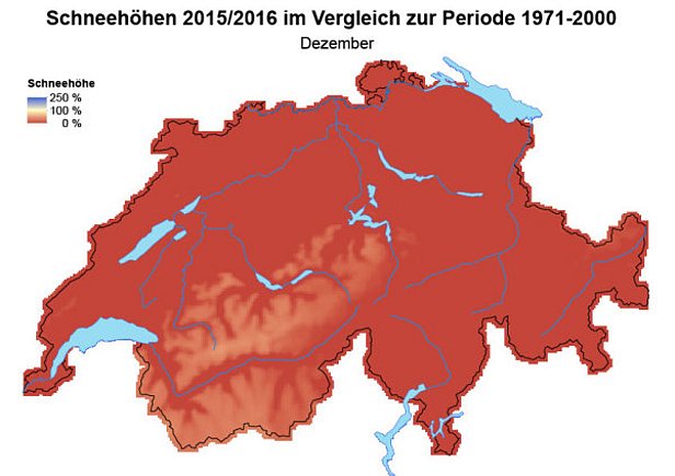 Abb. 7: Schneehöhen im Vergleich zum langjährigen Mittel (1971-2000) im November 2015 (oben) und im Dezember 2015 (unten).