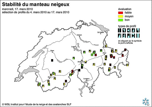 Figures 16 et 17: Cartes de stabilité du manteau neigeux de début mars (en haut) et de la mi- mars 2010 (en bas).
