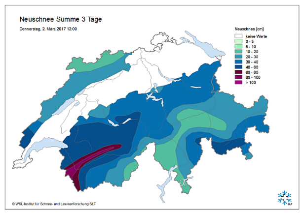 Abb. 4: 3-Tages-Neuschneesumme manuell gemessen an den Beobachterstationen und modelliert an den automatischen Stationen des SLF, ergänz durch Informationen vom Niederschlagsradar und von Messungen des flüssigen Niederschlags.