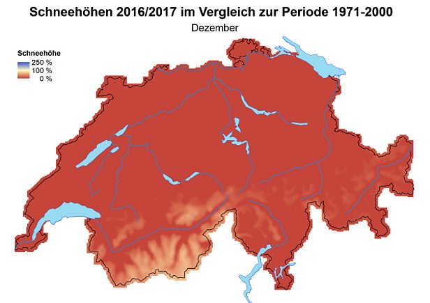 Abb. 7: Schneehöhen im Vergleich zum langjährigen Mittel (1971-2000) im November 2016 (oben) und im Dezember 2016 (unten).
