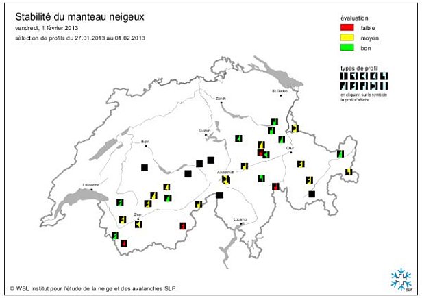 Fig. 12 : Cartes de stabilité du manteau neigeux de mi-janvier (en haut) et de fin janvier ou début février 2013 (en bas).