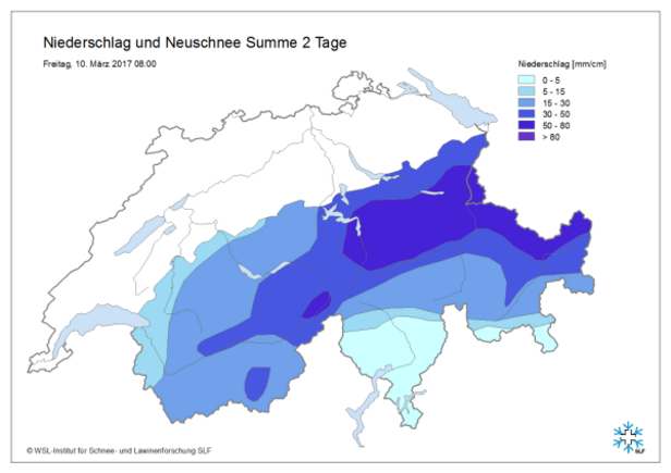 Abb. 2: 2-Tages-Summe von Neuschnee und Niederschlag vom Mittwochmorgen, 08.03. bis Freitagmorgen, 10.03. Im nördlichen Goms, im Grimselgebiet, am nördlichen Alpenkamm vom Titlis bis Liechtenstein, in Nordbünden und im Unterengadin fielen oberhalb von rund 2200 m 50 bis 80 cm Schnee. Am übrigen nördlichen Alpenkamm vom Wildstrubel bis zum Titlis, im übrigen Goms, in Teilen Mittelbündens und im übrigen Unterengadin fielen 30 bis 50 cm. In den übrigen Gebieten waren es verbreitet 15 bis 30 cm, ganz im Westen weniger. Im mittleren und südlichen Tessin blieb es trocken (Quelle: SLF-Beobachter und automatische IMIS-Stationen).