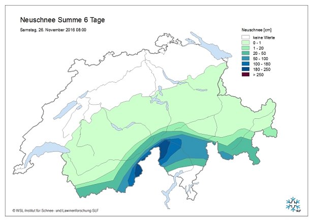 Figure 5: Sommes de précipitations et de neige tombées en six jours du 20 au 26.11.2016, calculées aux stations SwissMetNet et IMIS de MétéoSuisse et du SLF et mesurées par les observateurs du SLF. 