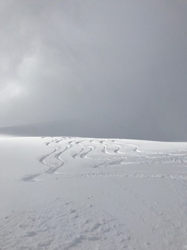 20 cm de neige fraîche et quelques petites plaques à haute altitude. Äbeni Flue-Firn, Fieschertal, VS (photo : P. Darbellay, 13.05.2017).