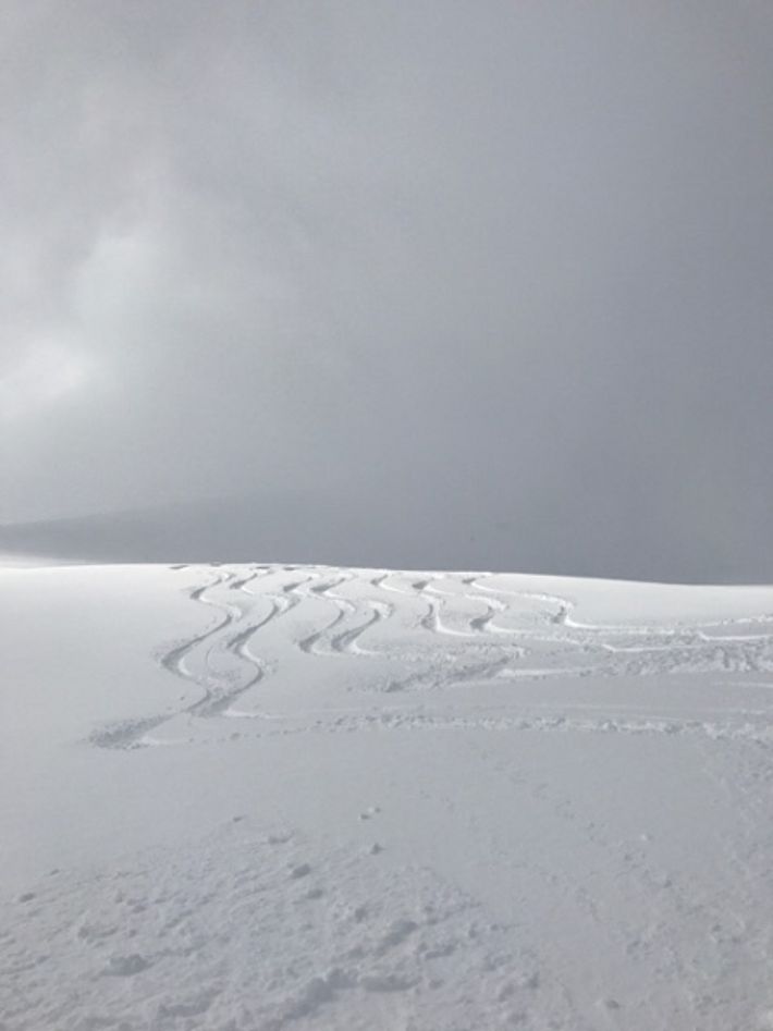 20 cm de neige fraîche et quelques petites plaques à haute altitude. Äbeni Flue-Firn, Fieschertal, VS (photo : P. Darbellay, 13.05.2017).