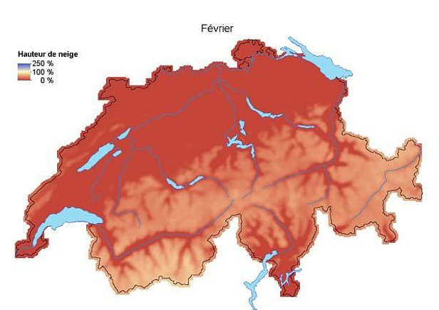 Fig. 9: hauteurs de neige en comparaison avec la normale (1971-2000) en janvier 2017 (en haut) et en février 2017 (en bas). 
