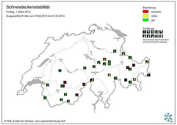 Abb. 13: Schneedeckenstabilitätskarten von Mitte Februar (oben) und Ende Februar bzw. Anfang März 2013 (unten).
