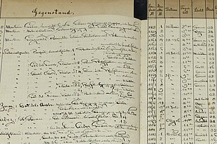 Das Bild zeigt handschriftliche Einträge in einer Tabelle in einem Buch, die nur schwer zu entziffern sind.