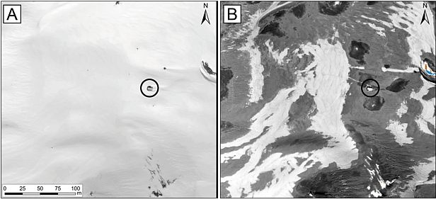 Derselbe Ausschnitt einer schneebedeckten Fläche, einmal im Blaukanal links (für unser Auge sichtbar) und einmal im Nahinfrarot (für unser Auge unsichtbar) (Bühler et al. 2015a) .
