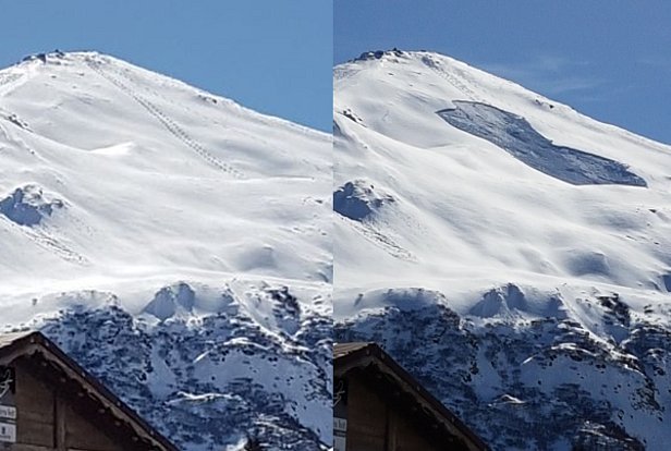 Abb. 13: Nordflanke des Piz Mez (2717, Surses, GR). Der Hang hat eine Steilheit von etwas mehr als 30° und wurde von 3 Personen befahren, ohne dass eine Lawine ausgelöst wurde. Als zwei weitere Personen den Hang befuhren löste sich diese Lawine. Sie brach ebenfalls in tieferen Schichten der Altschneedecke an und zeigte, dass die Schneedecke nach wie vor störanfällig war (Foto: J. Bernhard, 12.03.2017).