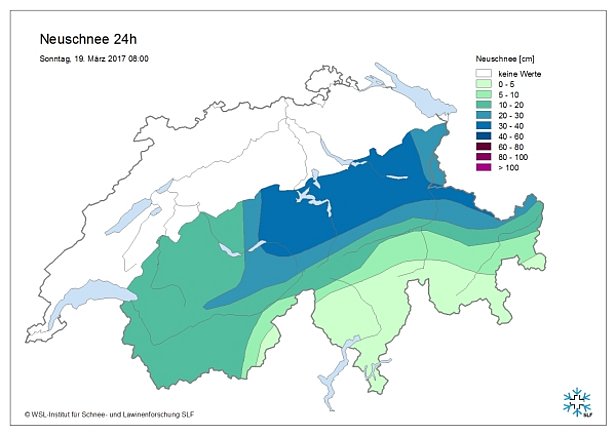 Abb. 3: Neuschnee oberhalb von rund 2500 m, bestimmt aus Daten der SLF-Beobachter, der automatischen IMIS-Stationen sowie aus Niederschlagsmessungen der MeteoSchweiz. Auf Sonntagmorgen, 19.03. fielen innerhalb von 24 Stunden am Alpennordhang verbreitet 20 bis 40 cm Schnee.