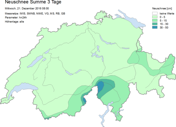 Abb. 3: 3-Tages-Neuschneesummen vom 18. bis 21. Dezember, berechnet an den IMIS-Stationen und gemessen von den Beobachtern des SLF.