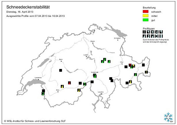 Abb.15: Schneedeckenstabilitätskarten von Mitte April 2013.