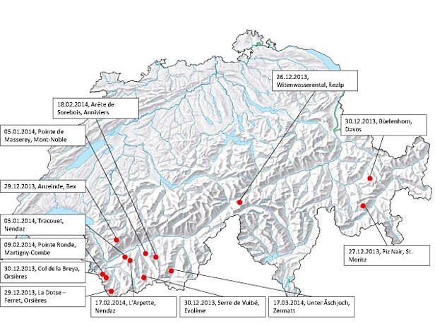 Abb. 2: Lawinenunfälle im Winter 2013/14 (Stand 30. Mai 2014). 