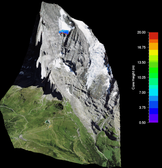 RAMMS simulation of an ice avalanche releasing from the West face of the Eiger showing velocity of the ice avalanche core. Image: SLF