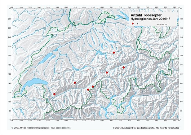 Abb. 32: Lawinenunfälle im Winter 2016/2017, Stand 31. Mai 2017 (Kartenbasis: Copyright 2007, Bundesamt für Landestopografie, alle Rechte vorbehalten, Grafik gross).