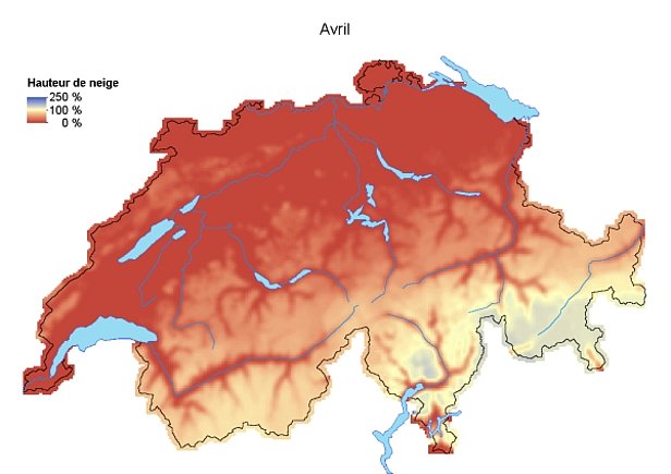 Figure 5: Hauteurs de neige comparées aux moyennes pluriannuelles (1971-2000) en mars 2014 (en haut) et en avril 2014 (en bas).