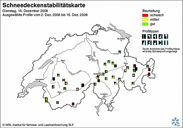 Abb. 12 und Abb. 13: Schneedeckenstabilitätskarten von Anfang (oben) und Mitte (unten) Dezember 2009.