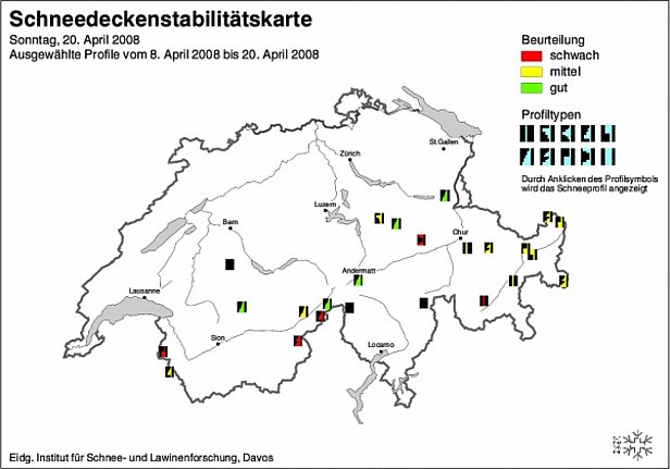 Abb. 21 und Abb. 22: Schneedeckenstabilitätskarten von Anfang (oben) und Mitte (unten) April 2008.