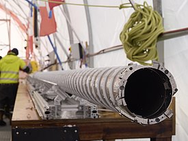 Ice core drill used at Little Dome C, lowered into the borehole using a winch. (Photo: Matthias Jaggi / SLF)