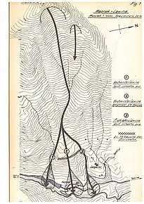 Topographical map showing avalanche paths on a mountainside. Contour lines indicate elevation, while thick arrows show the direction of the avalanches.