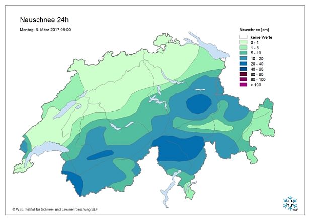 Abb. 4: Am Sonntag, 05.03. schneite es verbreitet 10 bis 20 cm, im nördlichen Tessin, in den Glarner Alpen und im westlichsten und nördlichen Unterwallis 20 bis 40 cm (Quelle: Beobachter des SLF und automatische IMIS-Stationen).