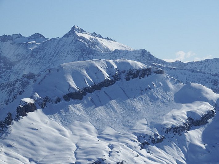 'Gefährlich grosse' Lawine an der Nordwestflanke des Foostock (2600m, GL), die vermutlich am 20.01. fernausgelöst wurde (Foto: R. Meier, 25.01.2017).