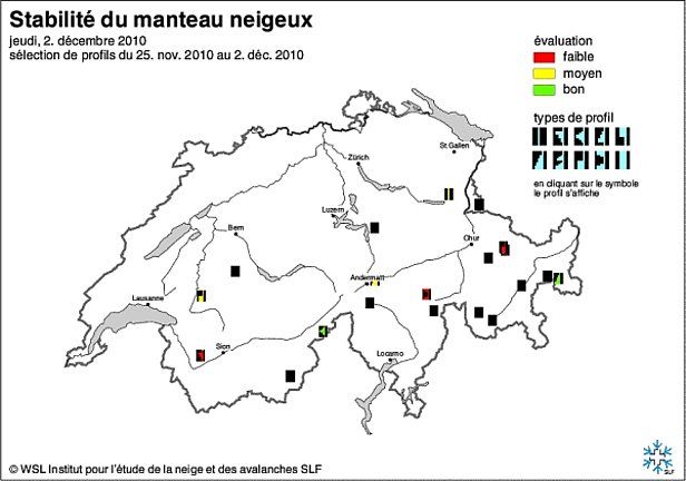 Figure 12: Carte de stabilité du manteau neigeux de fin novembre au début décembre 2010.