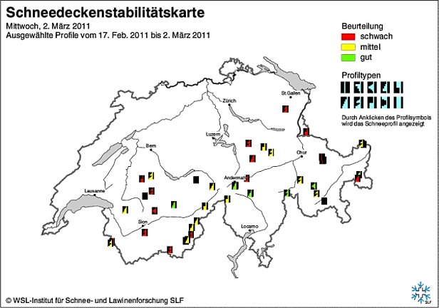 Abb. 17 und Abb. 18: Schneedeckenstabilitätskarten von Mitte Februar (oben) und Ende Februar bzw. Anfang März 2011 (unten).