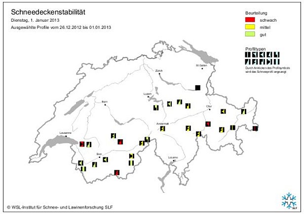 Abb. 11: Schneedeckenstabilitätskarten von Mitte Dezember (oben) und Ende Dezember 2012 bzw. Anfang Januar 2013 (unten).