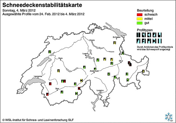 Abb. 13: Schneedeckenstabilitätskarten von Mitte Februar (oben) und Ende Februar bzw. Anfang März 2012 (unten).
